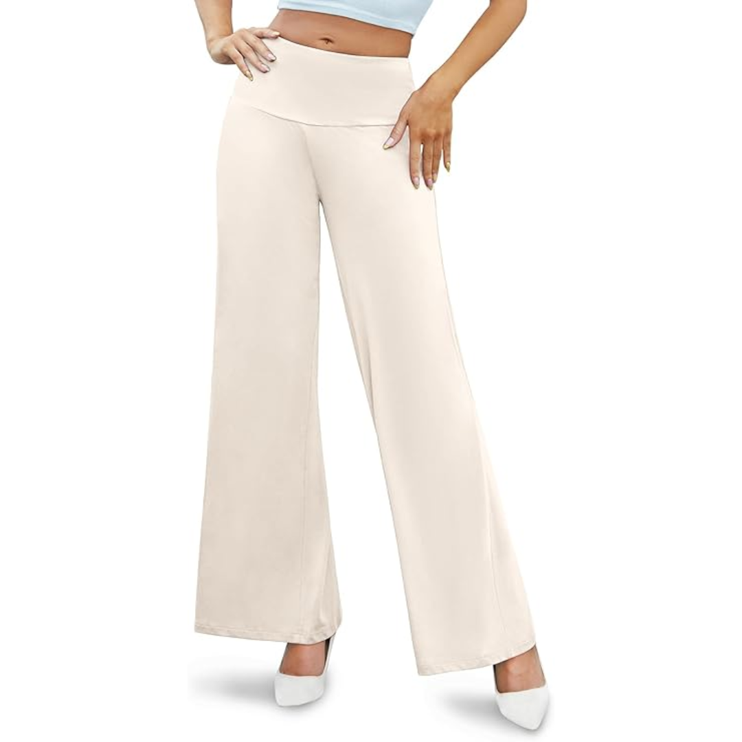 Plus size women's comfortable high waist wide leg palazzo trousers.
