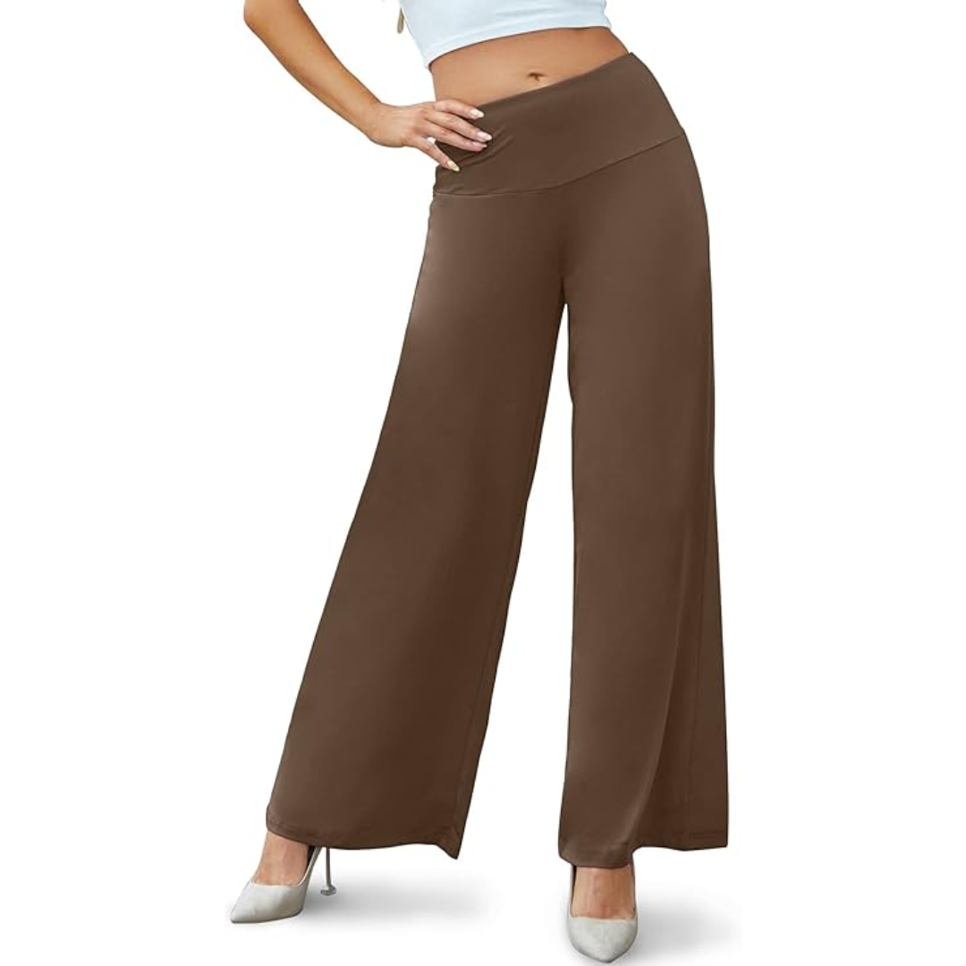 Full length view of women's comfortable high waist wide leg palazzo trousers.