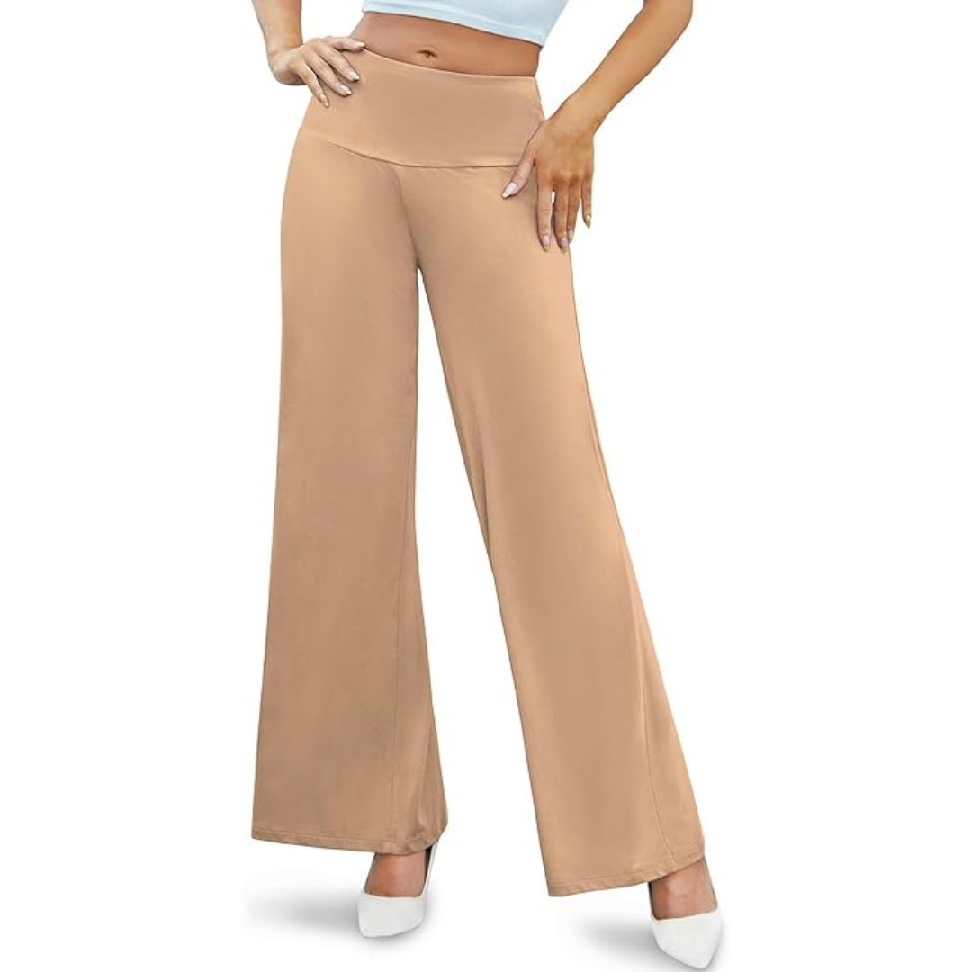 Woman modeling comfortable high waist wide leg palazzo trousers, stylish and relaxed.