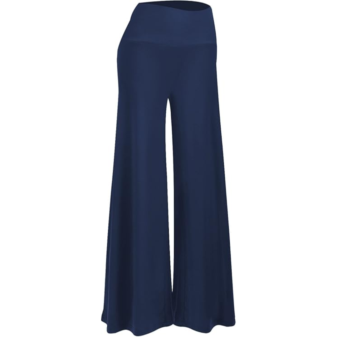 Soft fabric detail of women's comfortable high waist wide leg palazzo trousers.