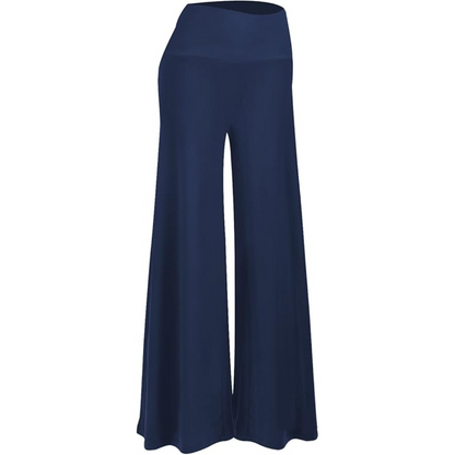 Soft fabric detail of women's comfortable high waist wide leg palazzo trousers.