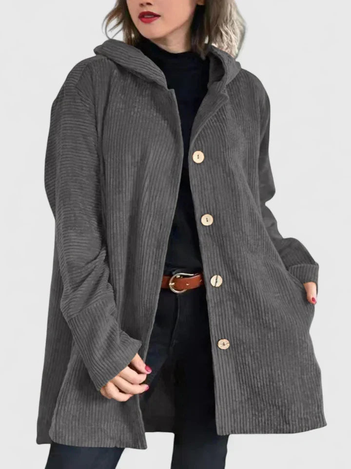 Full length view: women's comfortable hooded jacket. Chic casual outerwear, everyday style for autumn/winter.