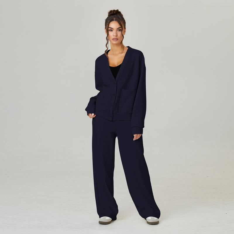 Cozy brown women's knit lounge set. Two-piece includes a soft cardigan and comfortable trousers for ultimate relaxation.