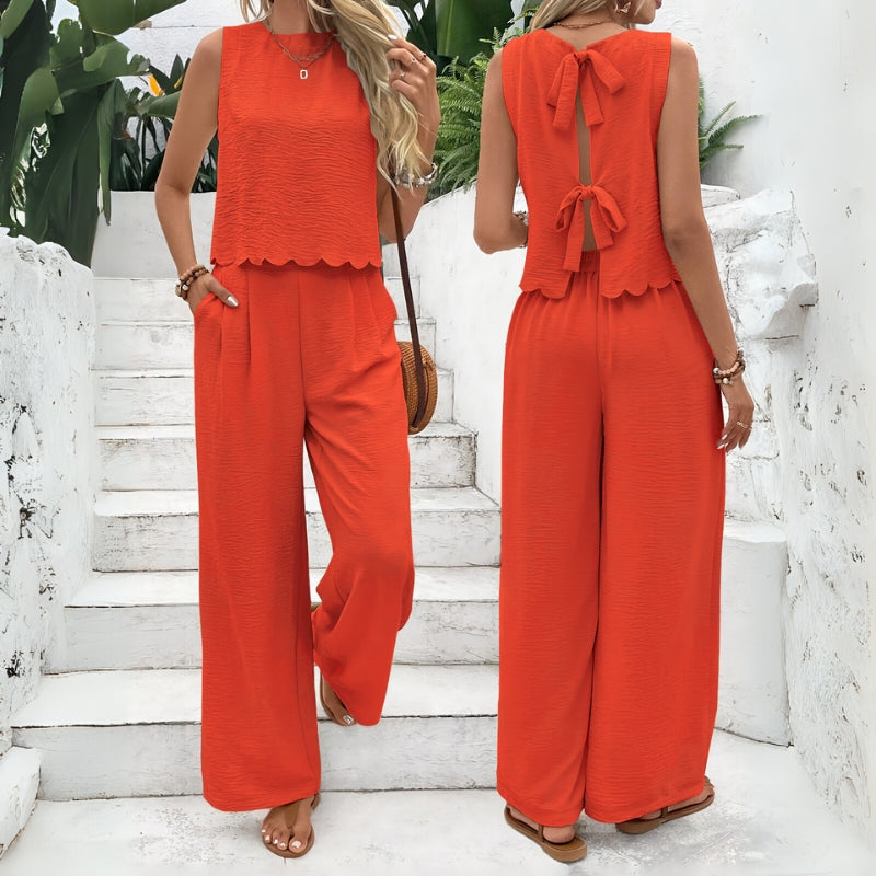 Comfortable women's two-piece lounge set in a knit blend. Relaxed fit sleeveless top and shorts for summer.