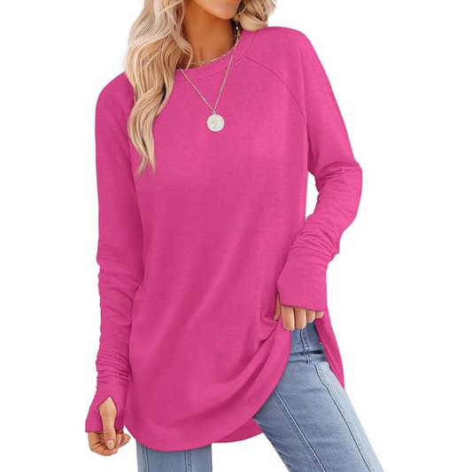 Women's comfortable long sleeve tunic top with thumbholes, perfect for casual wear.