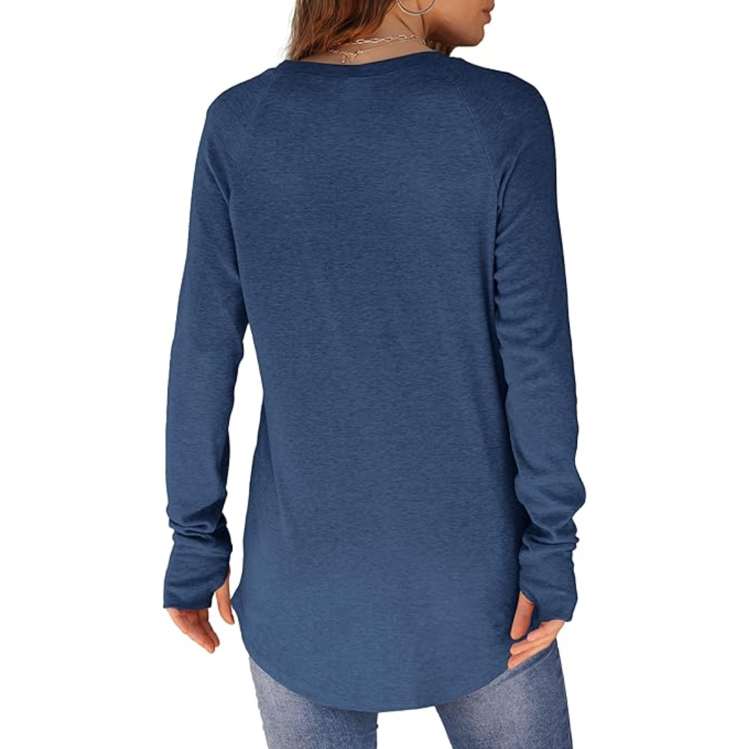Women's long sleeve round neck tunic top, featuring thumbholes for added comfort.