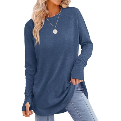 Women's long sleeve tunic top featuring practical thumbholes, great for a cozy winter outfit.