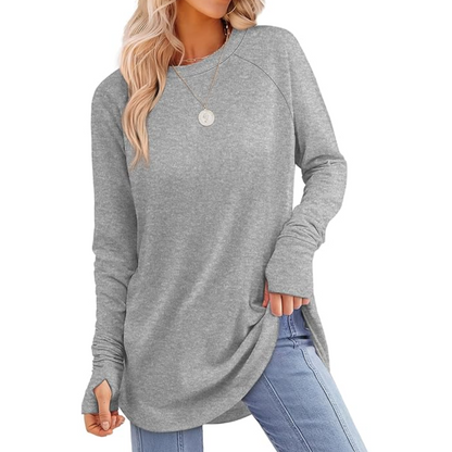 Casual fall style: women's long sleeve tunic with thumbholes & round neck, super comfy.