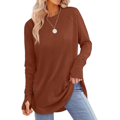 Women's everyday fashion long sleeve tunic top, comfortable with thumbholes for active wear.