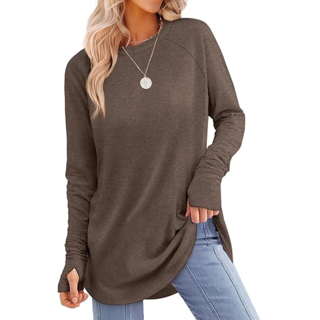Relaxed fit women's long sleeve tunic top with thumbholes, soft & perfect for layering.