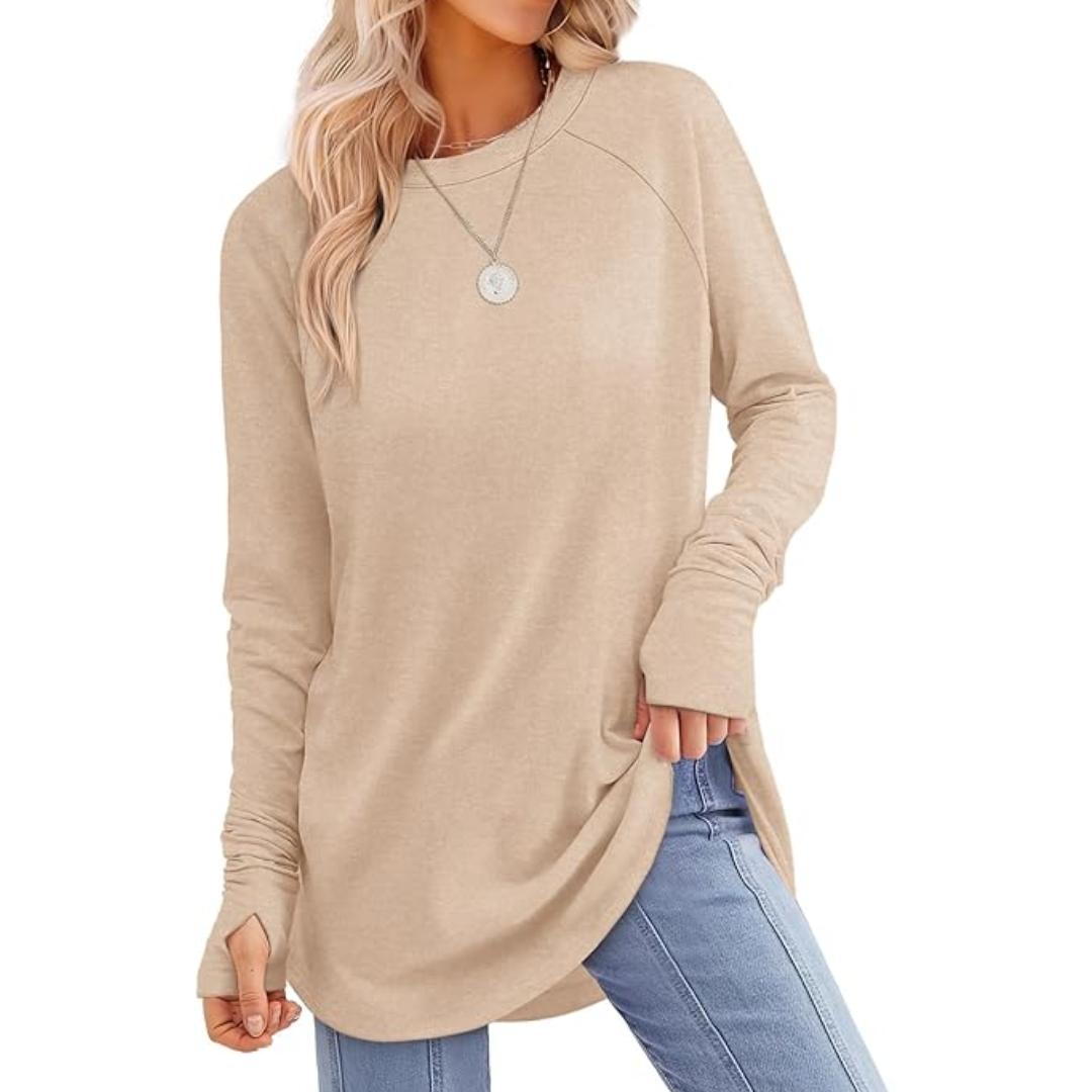 Women's cozy long sleeve tunic top, thumbholes & round neck, essential for winter outfits.