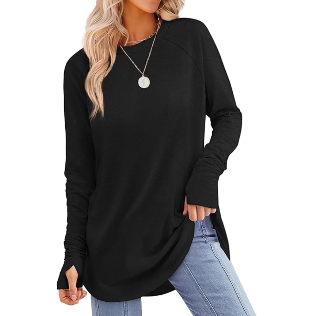 Super comfortable women's long sleeve tunic, thumbholes for extra warmth & style.