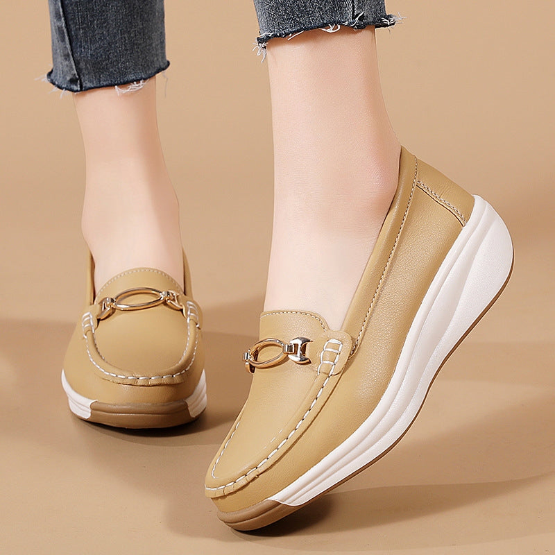 Khaki women's slip-on loafers, comfort shoes with orthopedic arch support for everyday wear.