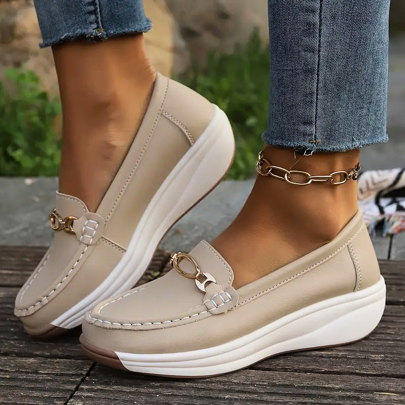 Light gray women's slip-on loafers, everyday comfort shoes with orthopedic arch support.