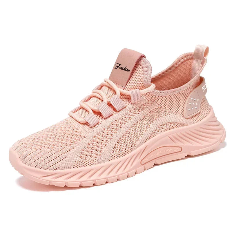 Close-up of women's supportive walking sneakers featuring breathable mesh and orthopedic design.