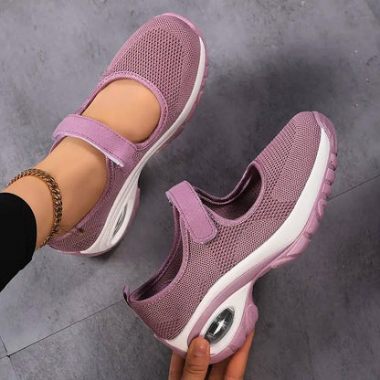 Woman enjoying an active lifestyle in comfortable orthopedic walking shoes, promoting foot health and pain relief.