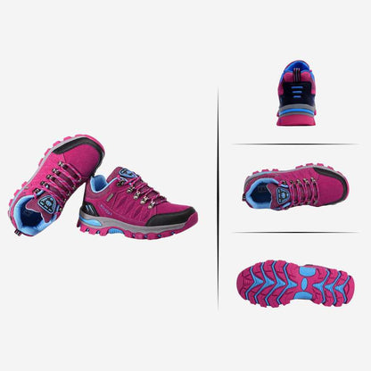 Stylish women's hiking shoes in pink and gray, offering comfort and support on rugged trails