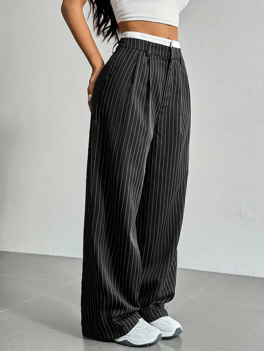 Women's comfortable pinstripe wide-leg trousers for an effortless and relaxed fit, perfect for everyday wear.