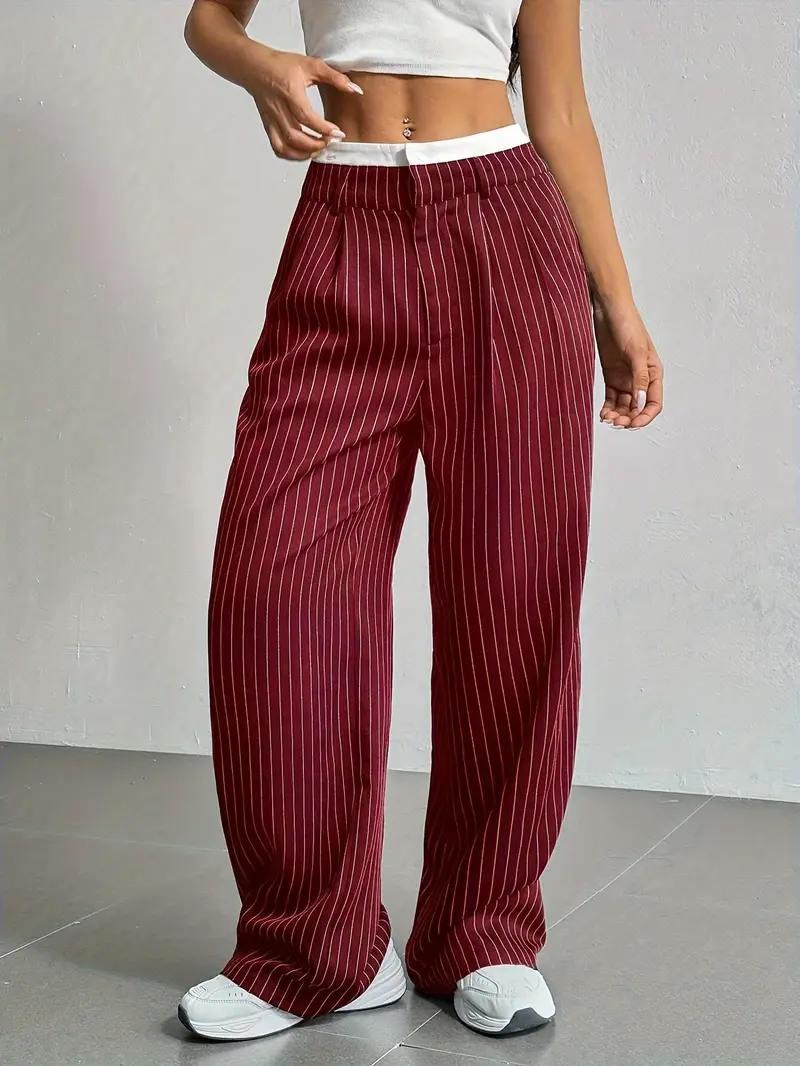 Versatile women's pinstripe wide-leg pants, ideal for comfortable daily wear and adaptable styling.