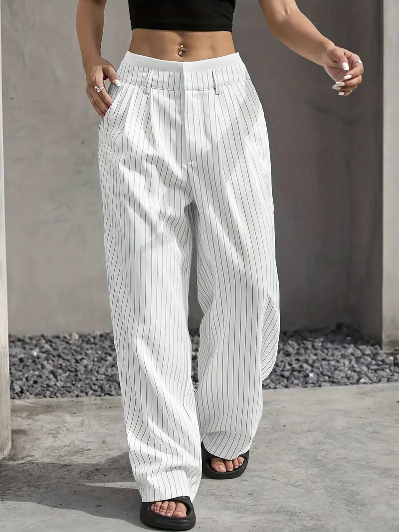 Trendy women's pinstripe wide-leg trousers, a must-have for modern fashion and ultimate comfort.