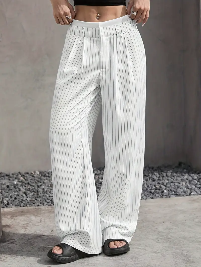 Relaxed yet elegant women's pinstripe wide-leg trousers, offering versatile style for any wardrobe.