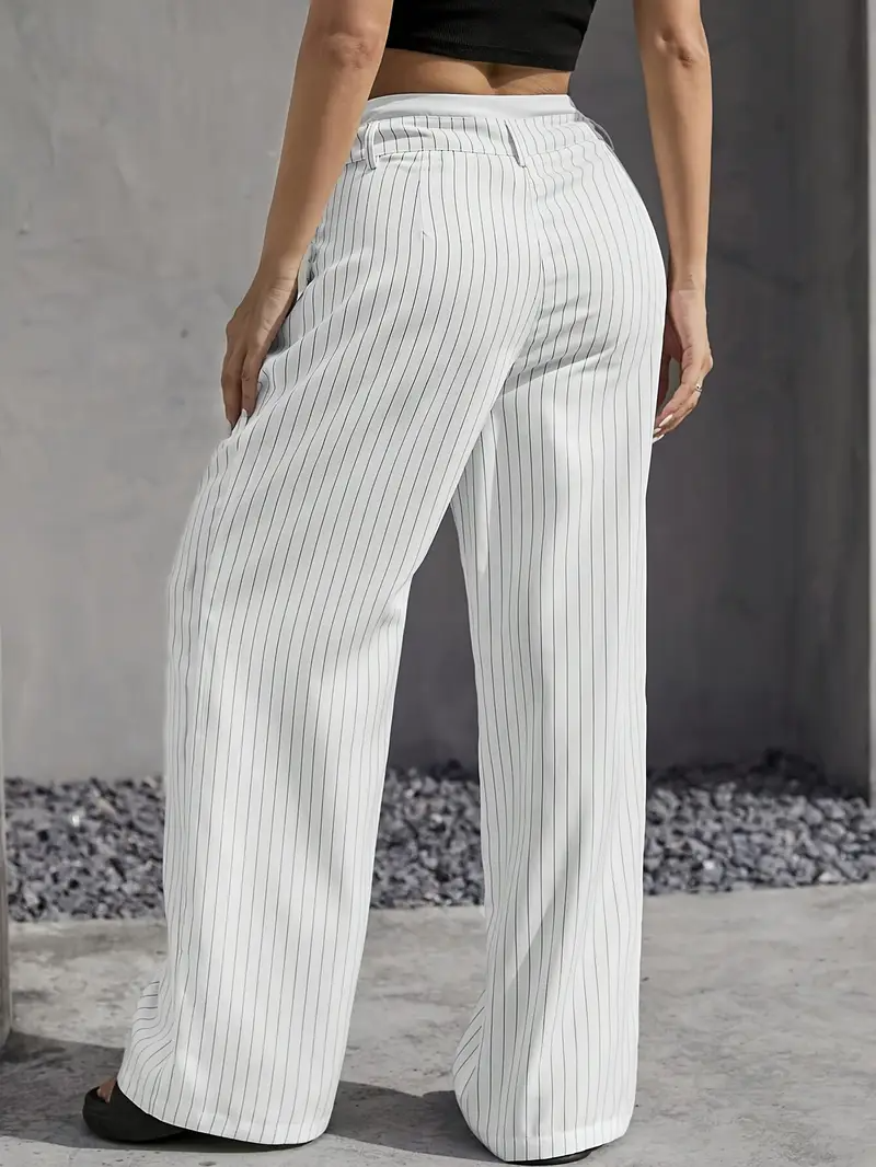 Full length view of women's pinstripe wide-leg trousers, showcasing their comfortable and stylish design.
