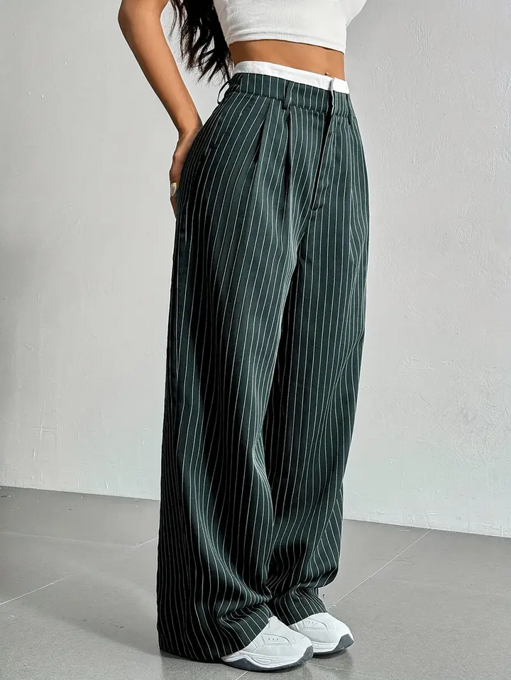 Casual women's pinstripe wide-leg pants, offering a relaxed fit and comfortable style for daily activities.