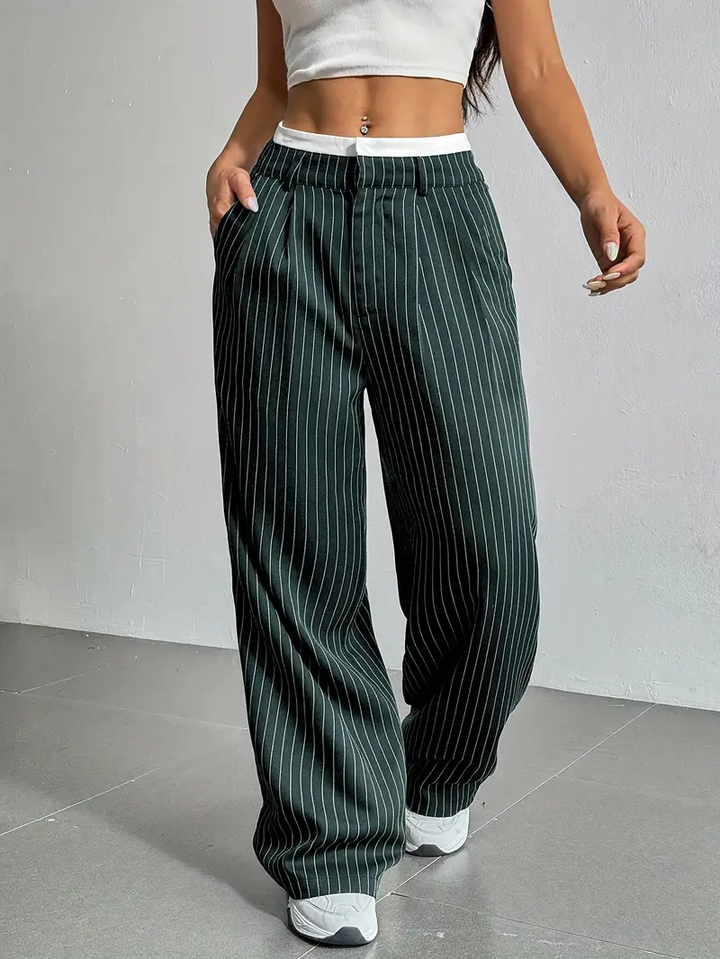 Professional women's pinstripe trousers, featuring a wide-leg design perfect for a comfortable office look.