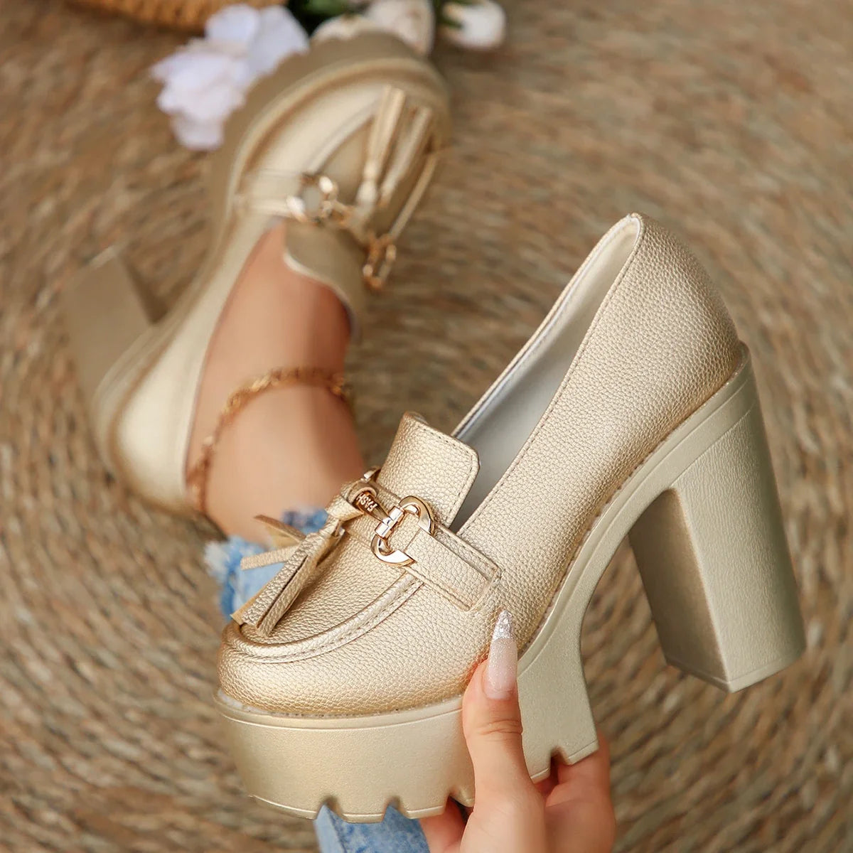Fashionable women's tassel platform loafers, featuring a chic gold buckle and comfort design.