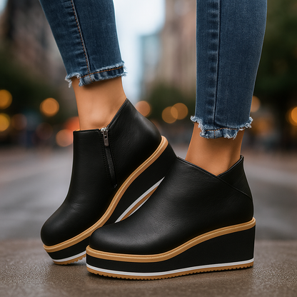 Orthopedic women's platform wedge sandals in soft vegan leather with convenient zipper closure.