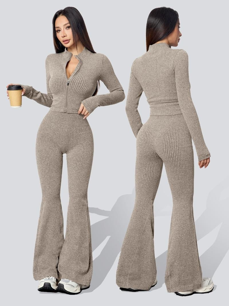 Women's comfortable ribbed knit two-piece set with long sleeve top and flare pants, ideal for loungewear.