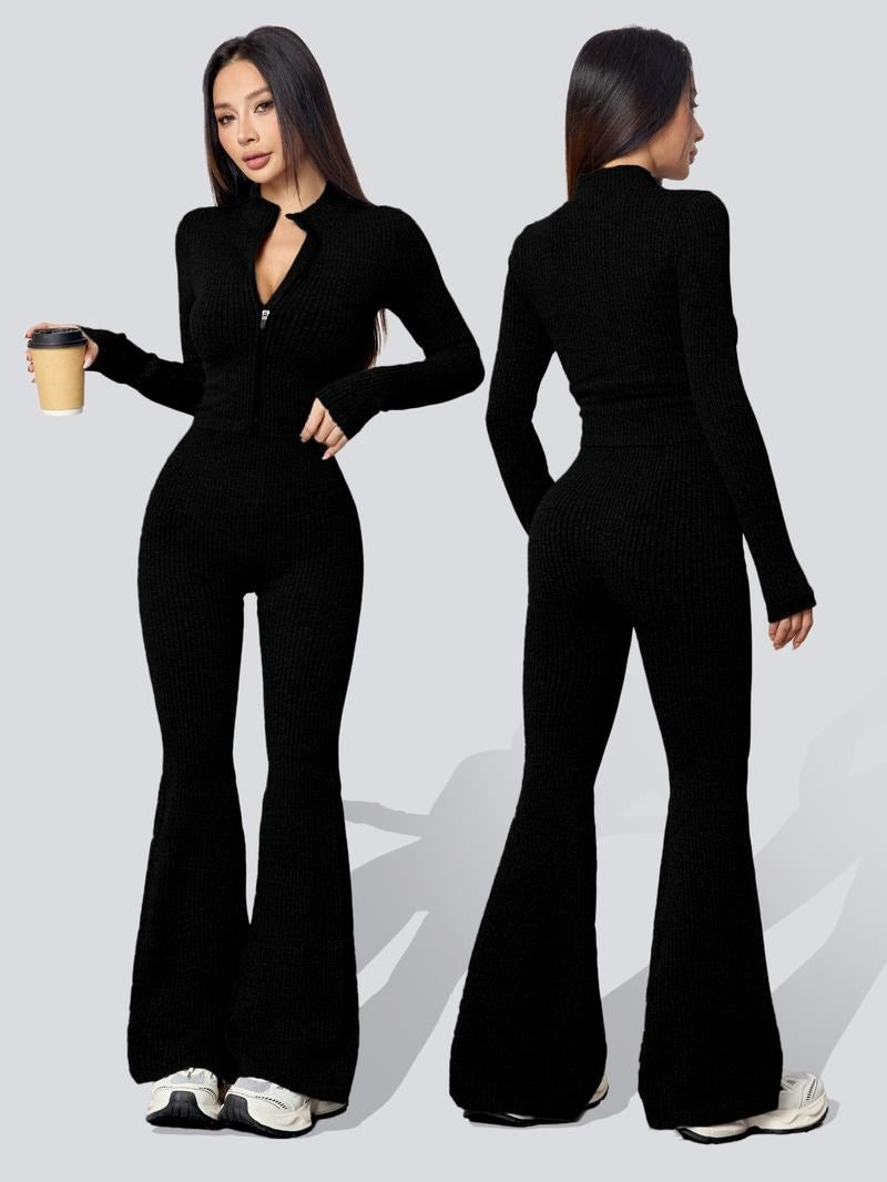 Close-up of the ribbed knit texture on a women's two-piece set, featuring a long sleeve top & stylish flare pants.