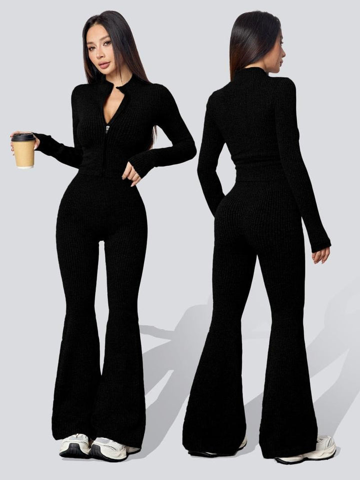 Close-up of the ribbed knit texture on a women's two-piece set, featuring a long sleeve top & stylish flare pants.