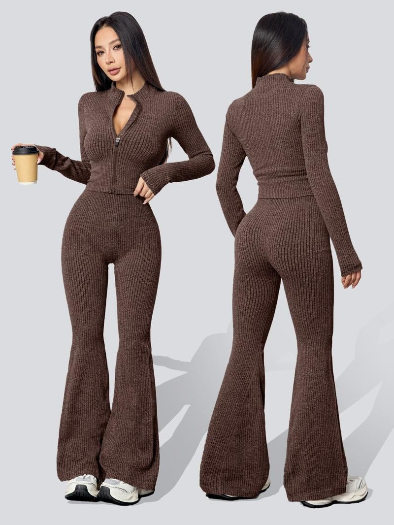 Stylish women's ribbed knit flare pants, part of a comfy two-piece set with a matching long sleeve top.