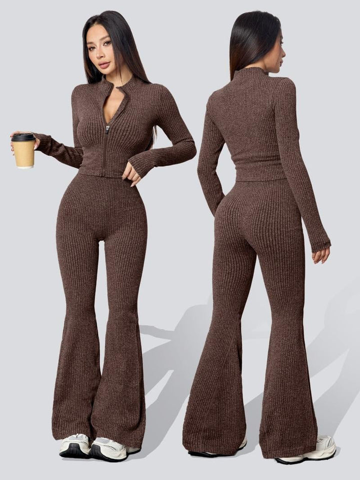 Stylish women's ribbed knit flare pants, part of a comfy two-piece set with a matching long sleeve top.