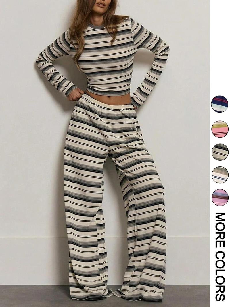 Women's comfortable striped knit two-piece lounge set outfit, perfect for relaxed casual wear.
