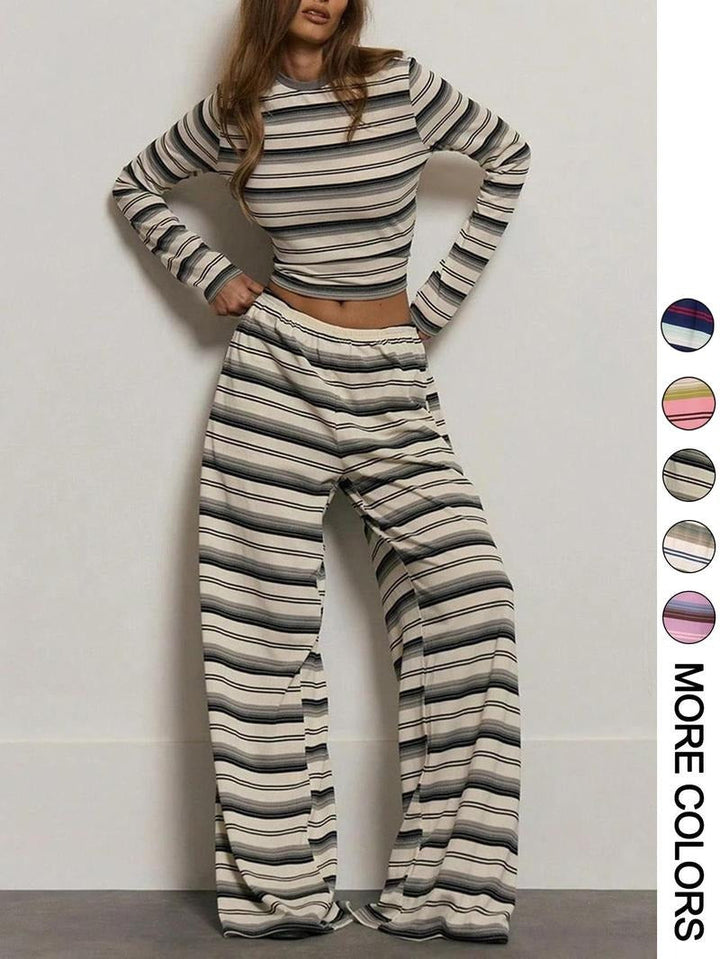 Women's comfortable striped knit two-piece lounge set outfit, perfect for relaxed casual wear.