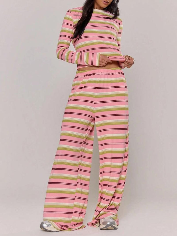 Stylish women's striped knit loungewear set, featuring a cozy two-piece design for ultimate comfort.
