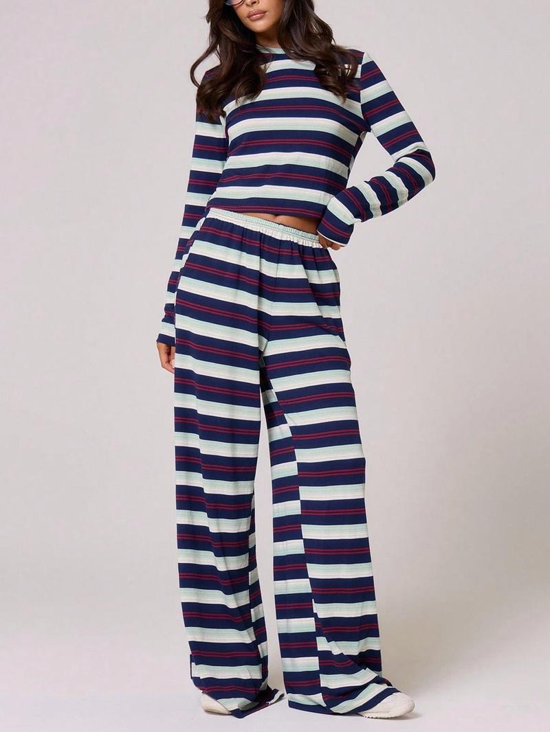 Full view of women's complete striped knit lounge set, a versatile two-piece comfort outfit.