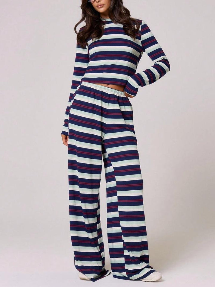 Full view of women's complete striped knit lounge set, a versatile two-piece comfort outfit.