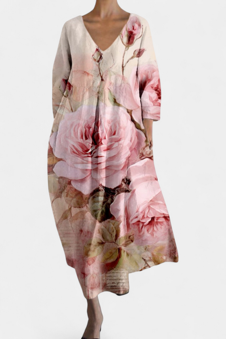 Stylish women's V-neck flowy sundress, a comfortable maxi dress ideal for hot summer days and casual wear.