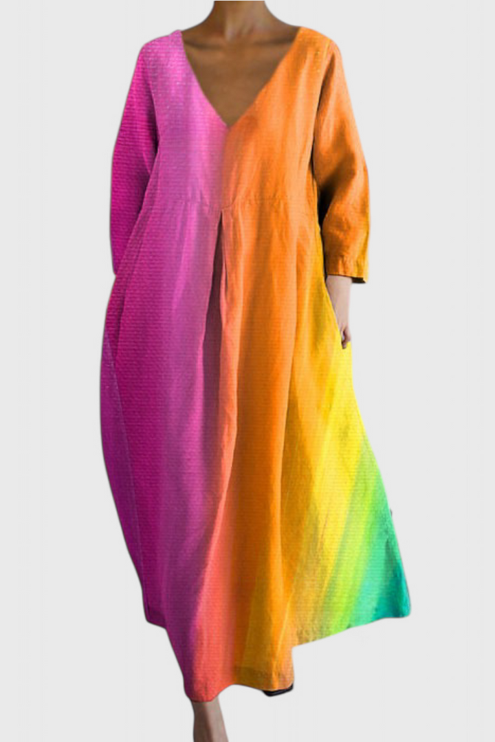 Soft, comfortable V-neck flowy maxi dress for women, flattering design, great as a versatile summer sundress.