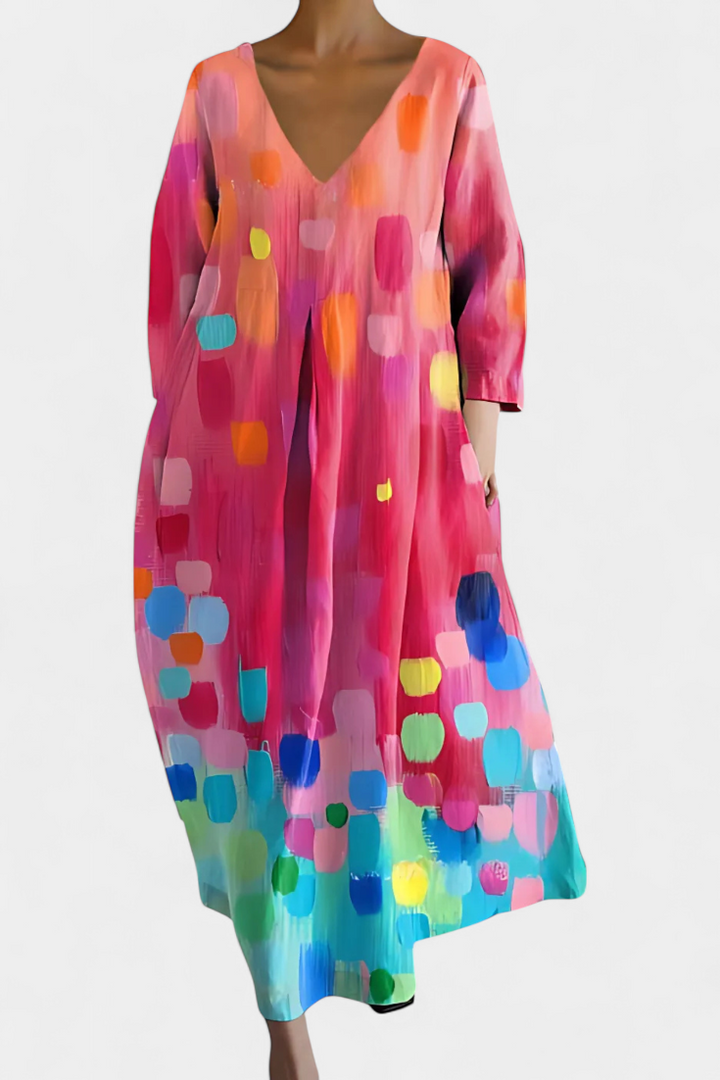 Casual women's V-neck maxi dress, perfect for summer outings or beach wear, with a beautiful flowy silhouette.
