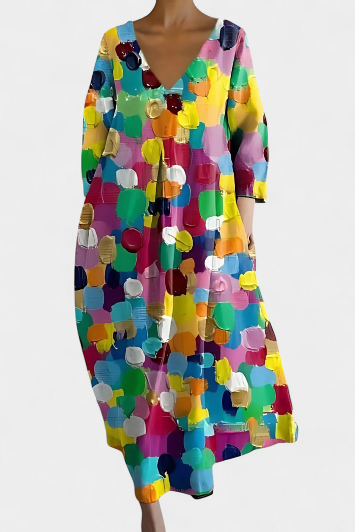 Boho-inspired flowy V-neck maxi dress for women, comfortable and stylish for summer fashion & relaxed casual looks.