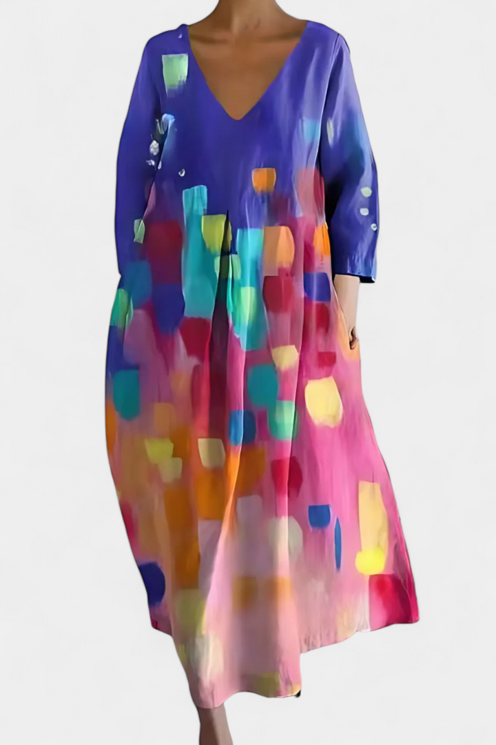 Colorful V-neck flowy maxi dress for women, comfortable and elegant choice for summer fashion and everyday wear.