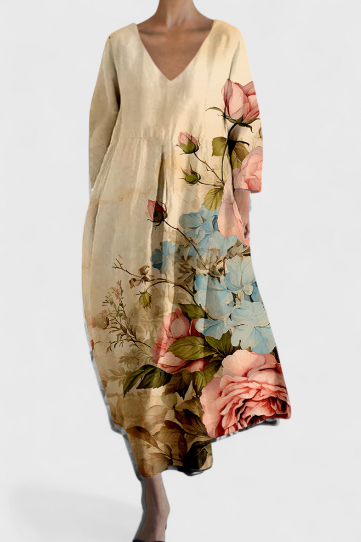 Women's V-neck maxi dress featuring a comfortable flowy fabric, elegant design, perfect for summer casual apparel.
