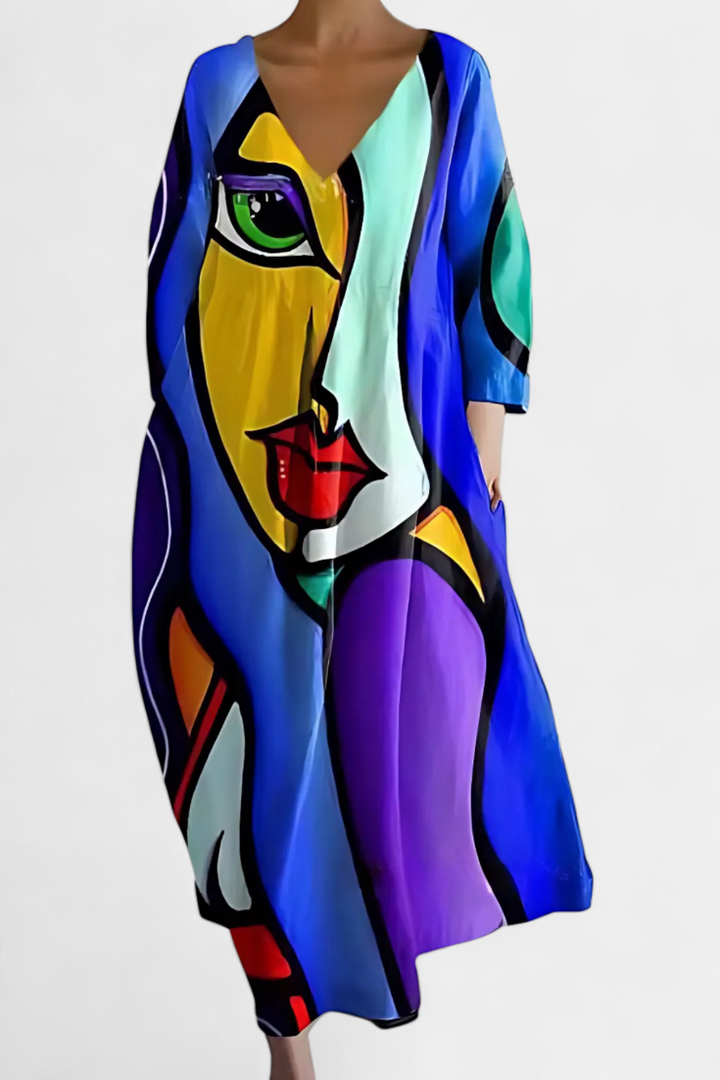 Fashionable women's V-neck maxi dress with a relaxed flowy fit, comfortable and chic for warm weather apparel.