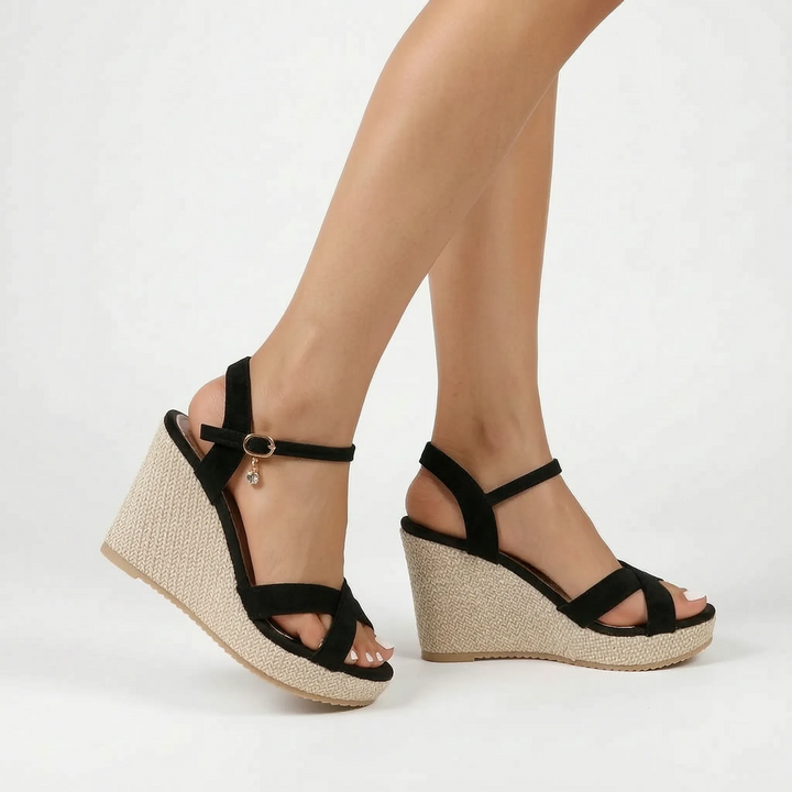Comfortable open-toe wedge sandals with woven strap detail, ideal women's summer heels for versatile styling.
