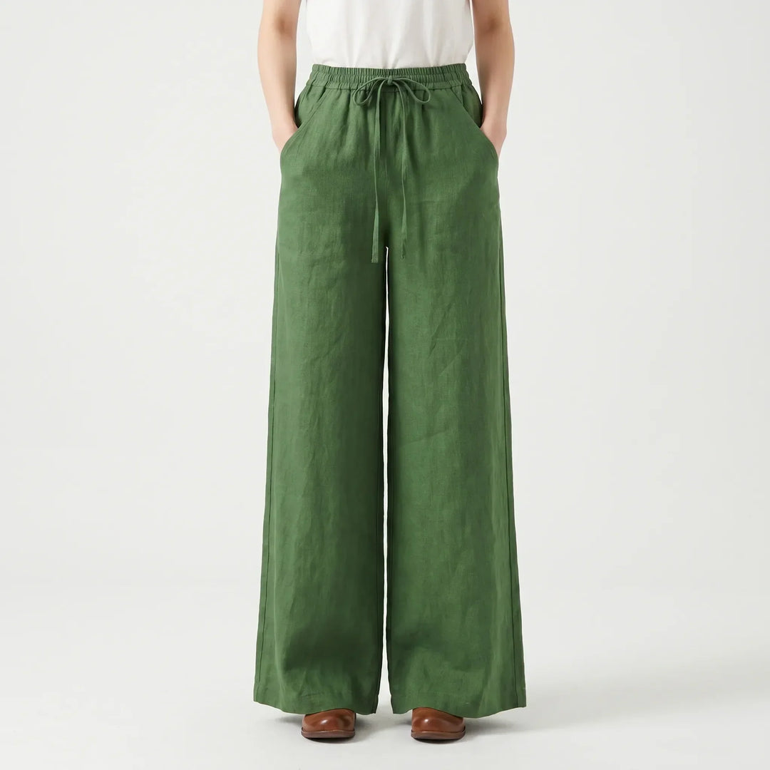 Easy pull-on wide-leg women's pants with comfortable elastic waist, perfect for relaxed casual and everyday style.