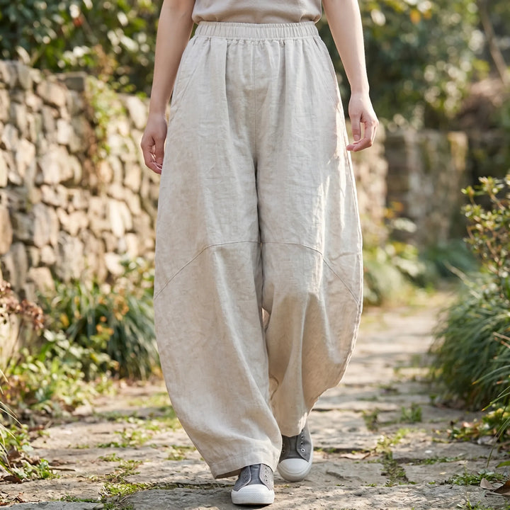 Women's comfortable wide-leg pants with elastic waist for a relaxed, casual summer look.